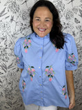 blue embroidered ruffle blouse ENTRO