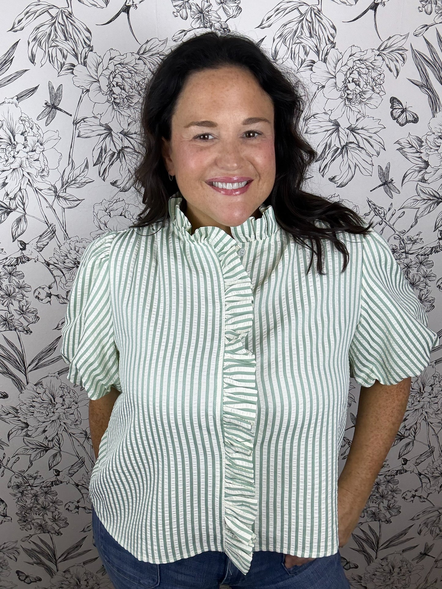 green and white seersucker ruffle blouse &Merci
