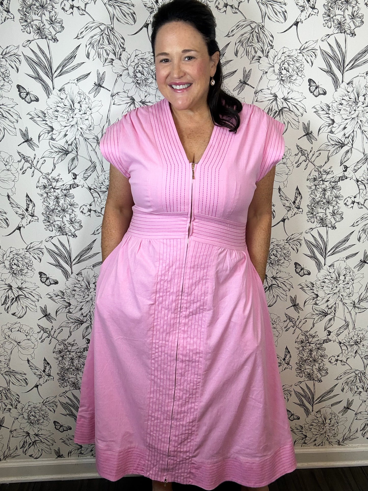 Pink Stitched Midi Dress Zip Up THML