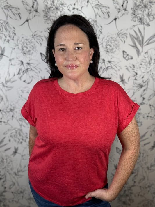 red crew neck tee with cuff sleeves WASABI & MINT