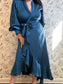 The Charlize Teal Satin Wrap Midi - Best & Co. Boutique