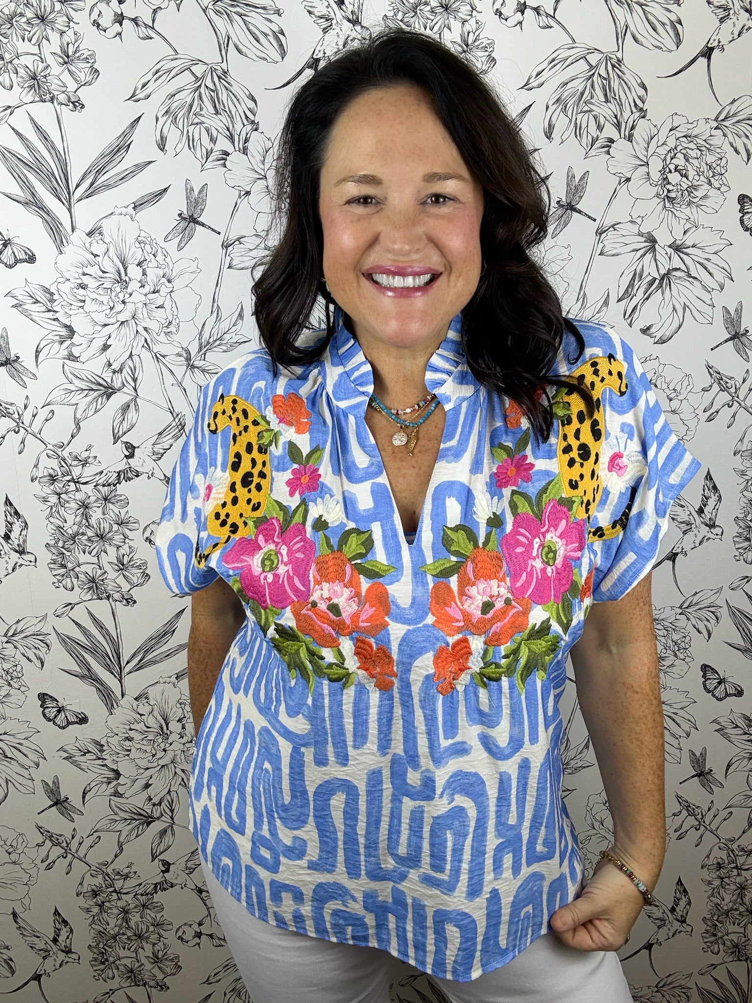 blue abstract embroidered cheetah blouse THML