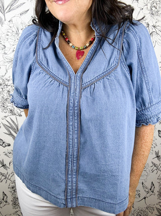 Eloise Ruffle Trim Chambray Blouse