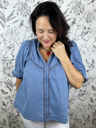 Eloise Ruffle Trim Chambray Blouse