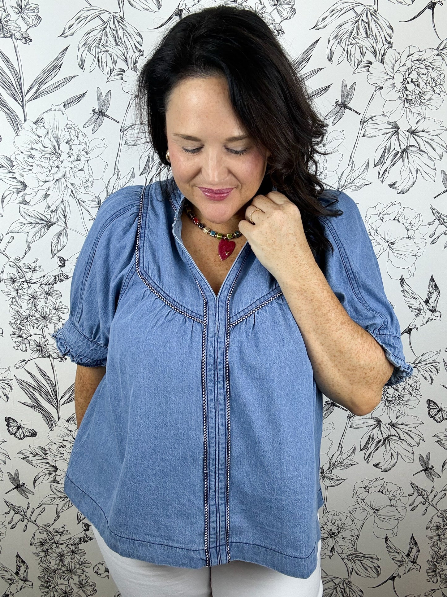 Eloise Ruffle Trim Chambray Blouse