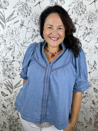 Eloise Ruffle Trim Chambray Blouse