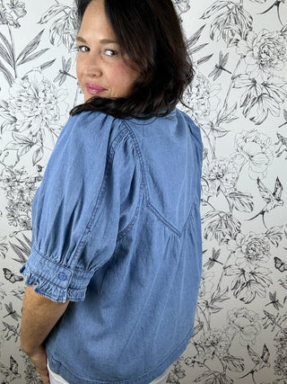 Eloise Ruffle Trim Chambray Blouse
