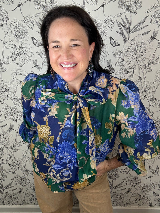 blue and tan floral blouse with bow FLYING TOMATO