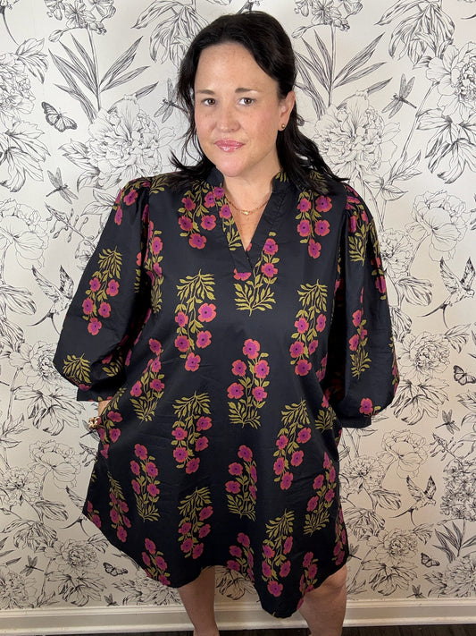 black red pink poppy mini dress ENTRO
