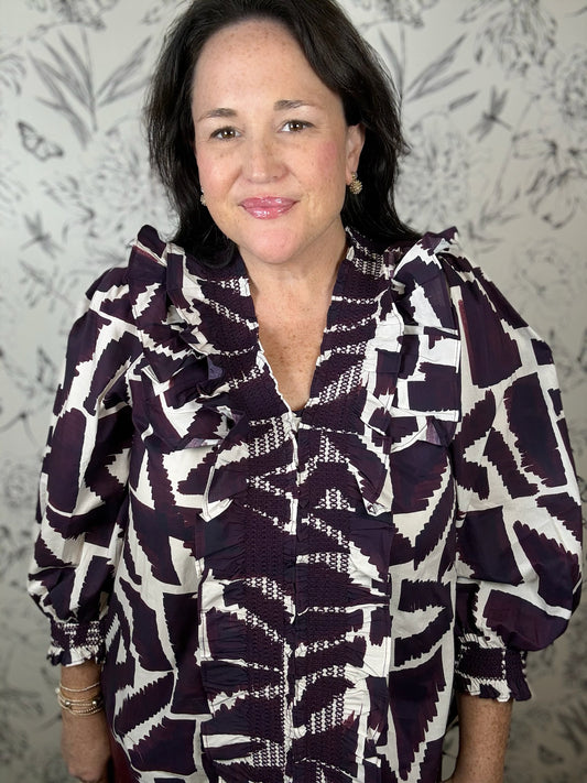 wine plum ivory smocked blouse ENTRO