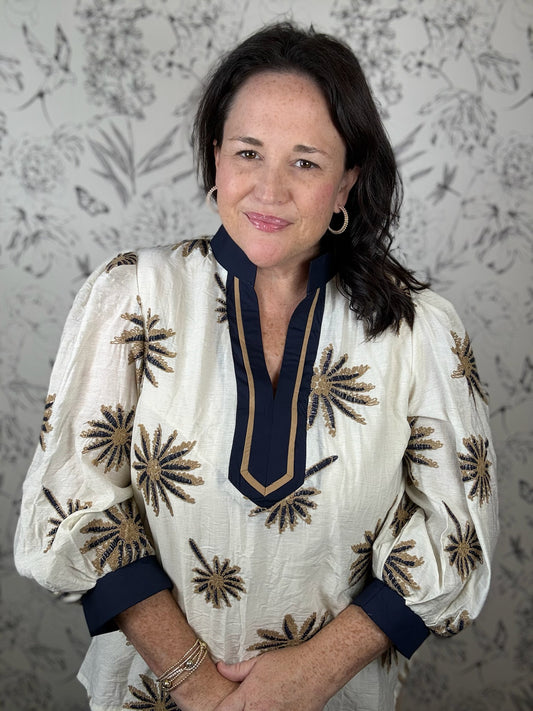 ivory navy tan linen blend caftan top ENTRO
