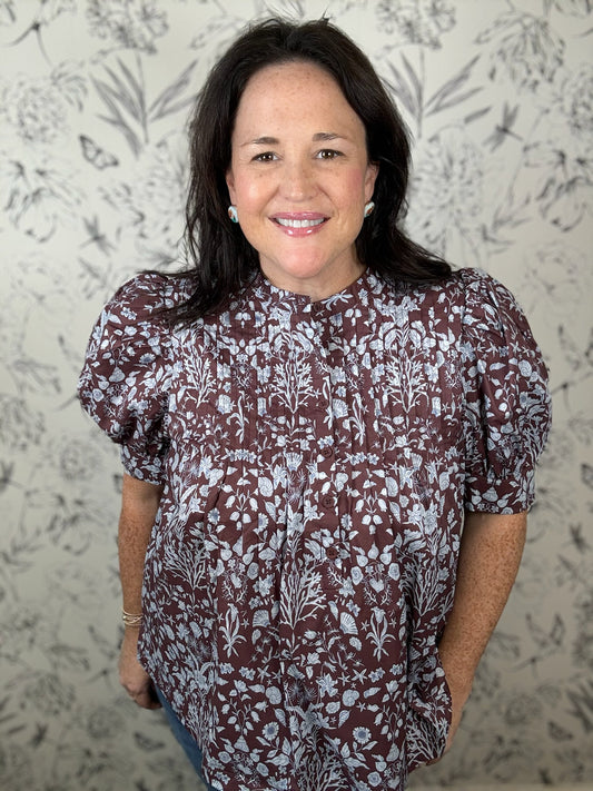 maroon blue floral pintuck blouse ENTRO