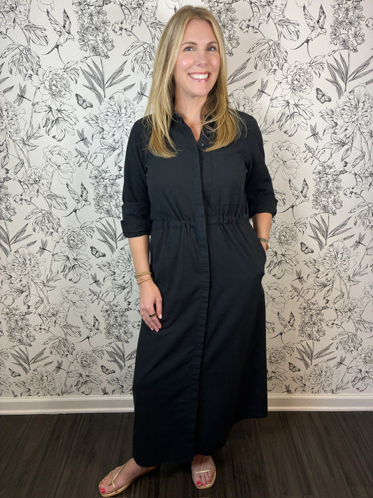 black, cotton cinchable shirt dress HANCOCK