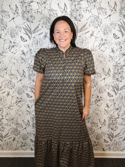 green, navy, pink block print maxi ENTRO
