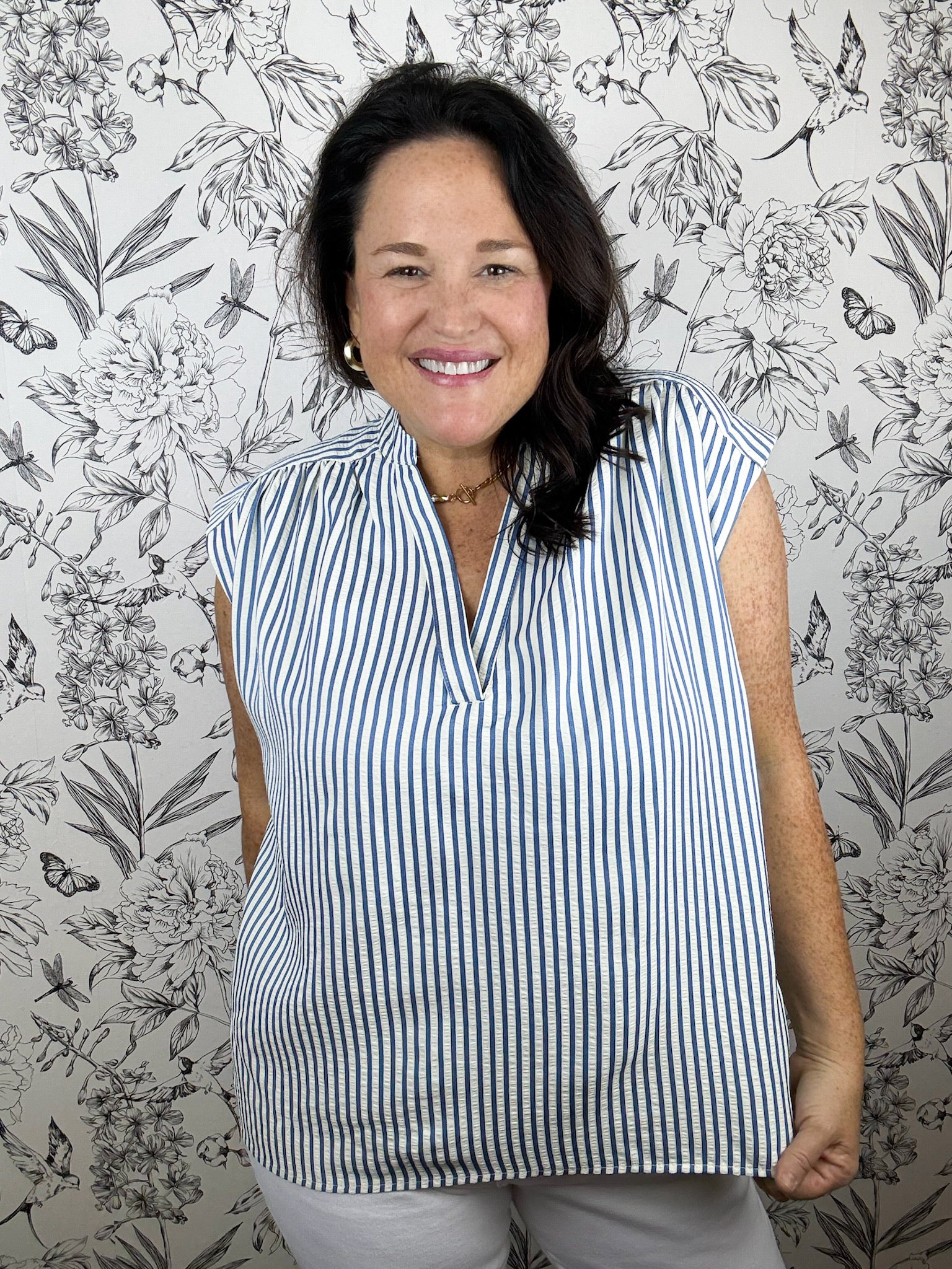blue and white stripe blouse HAPTICS