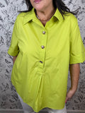 chartruese button up blouse ENTRO gold flower snap buttons