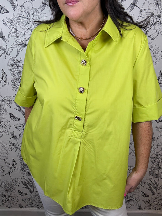 chartruese button up blouse ENTRO gold flower snap buttons
