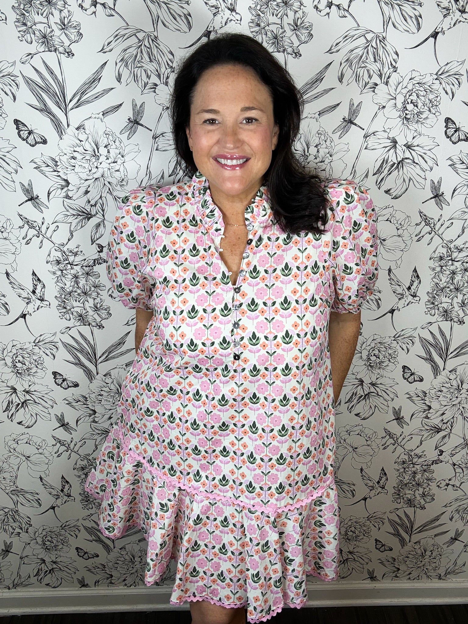 pink and orange and green floral drop waist mini ENTRO