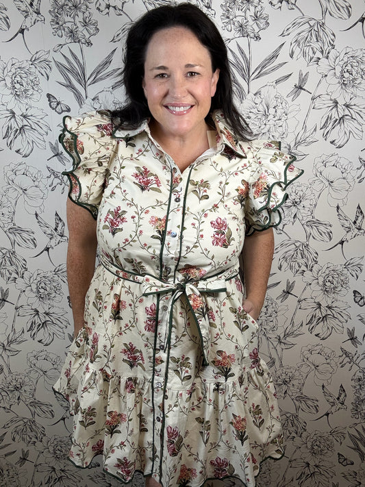 cream floral ruffled mini dress ENTRO