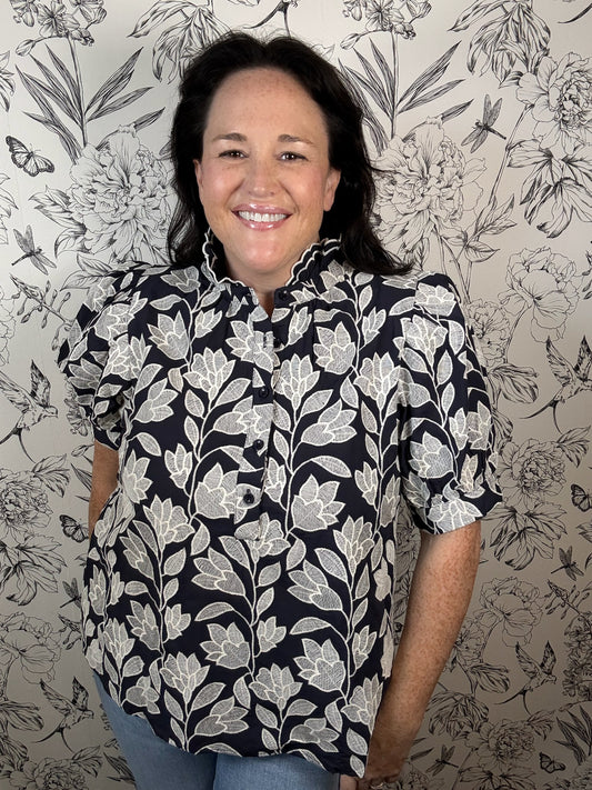 navy and white embroidered top ENTRO