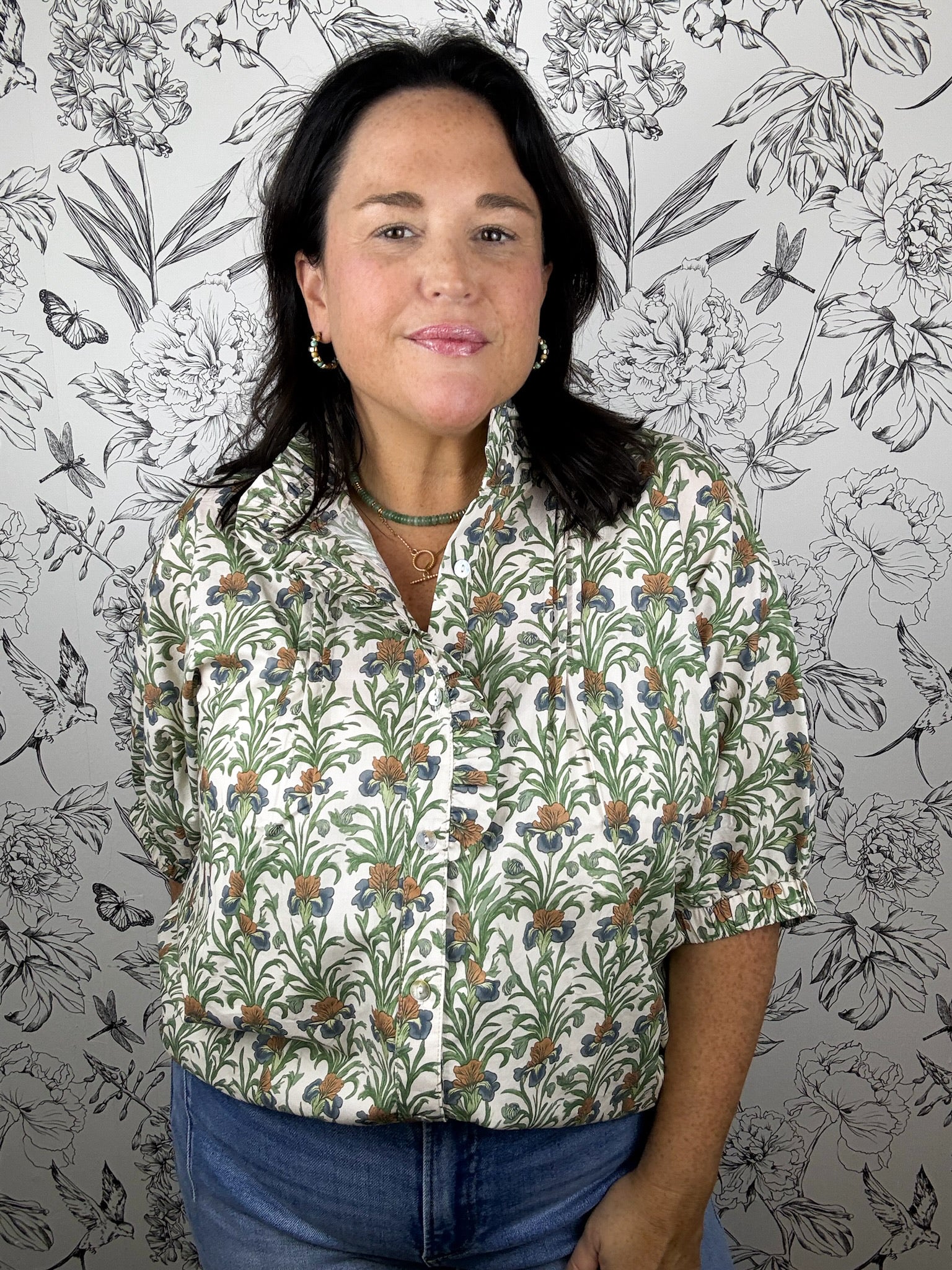 botanical printed morris inspired ruffle blouse ENTRO
