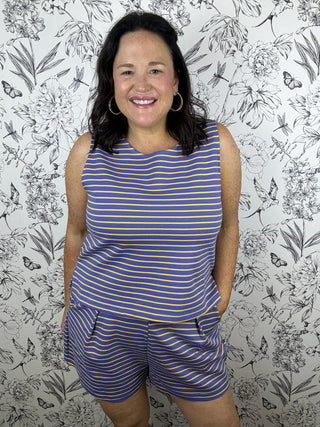 purple and gold stripe shorts set ANNIEWEAR
