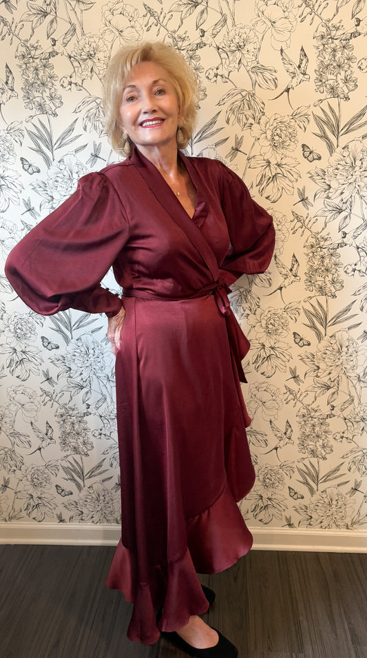Sarah Satin Wrap Midi in Sangria - Best & Co. Boutique