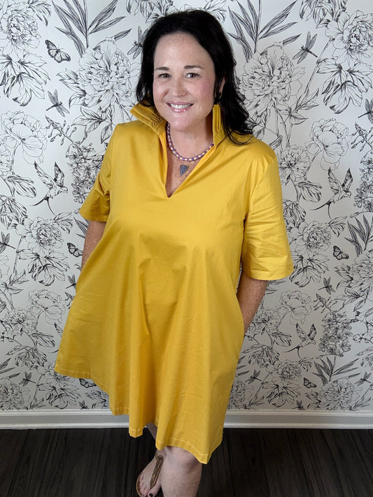 gold A-line cotton mini dress ADRIENNE