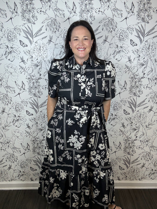 black and white belted floral midi ENTRO