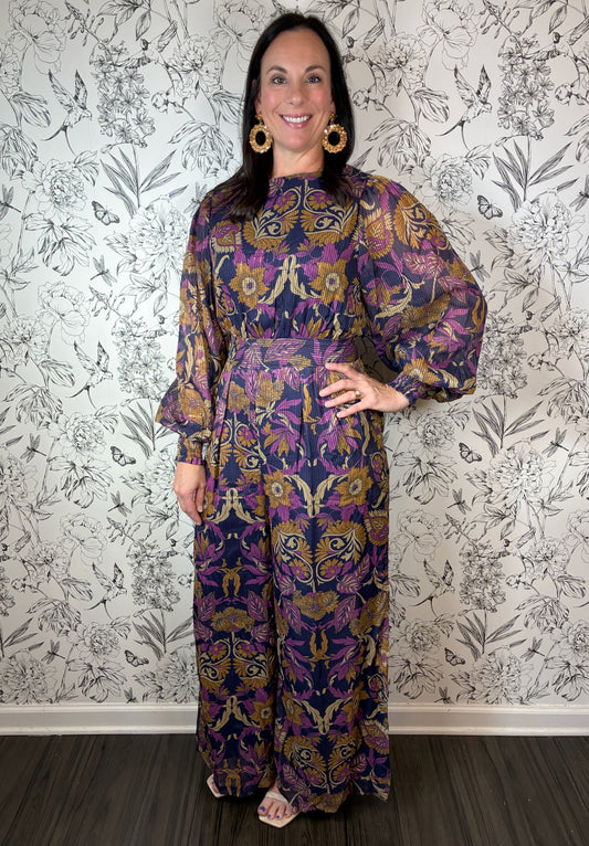 floral holiday jumpsuit plum, navy, brown FLYING TOMATO