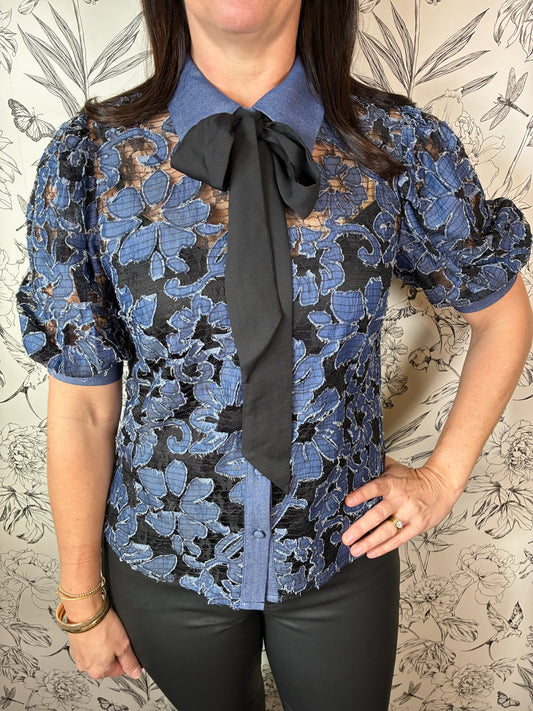 denim and black lace blouse with bow tie FLYING TOMATO