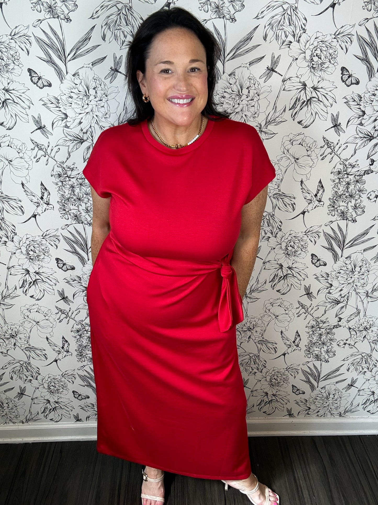 Red modal midi dress with Tie ENTRO