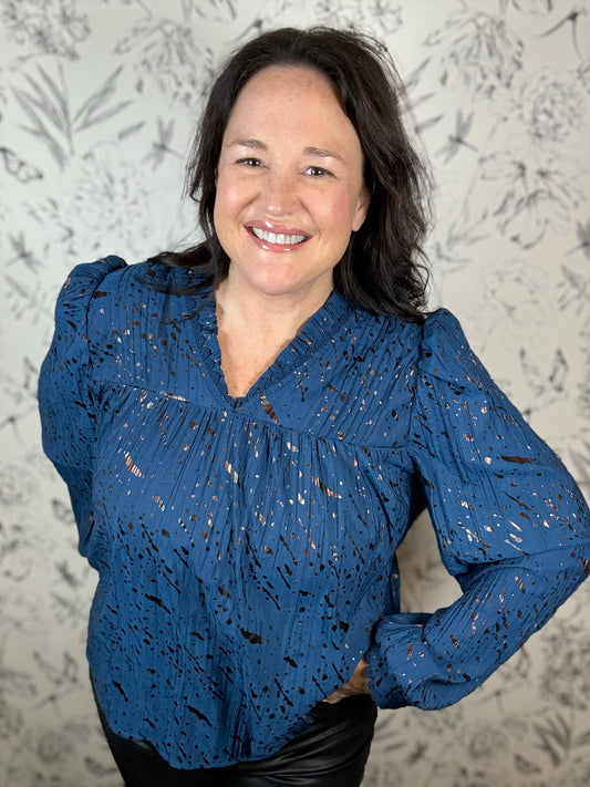 marine blue and copper yoked blouse VOY