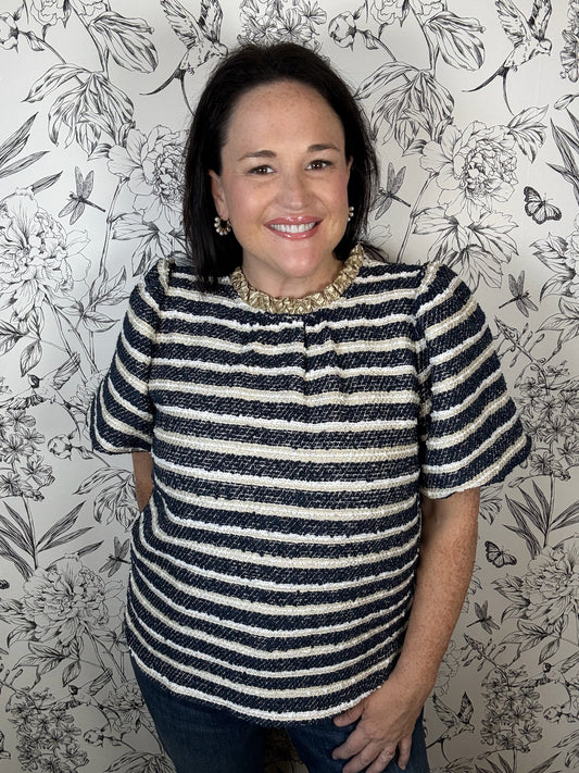 navy cream gold stripe A line tweed blouse VOY