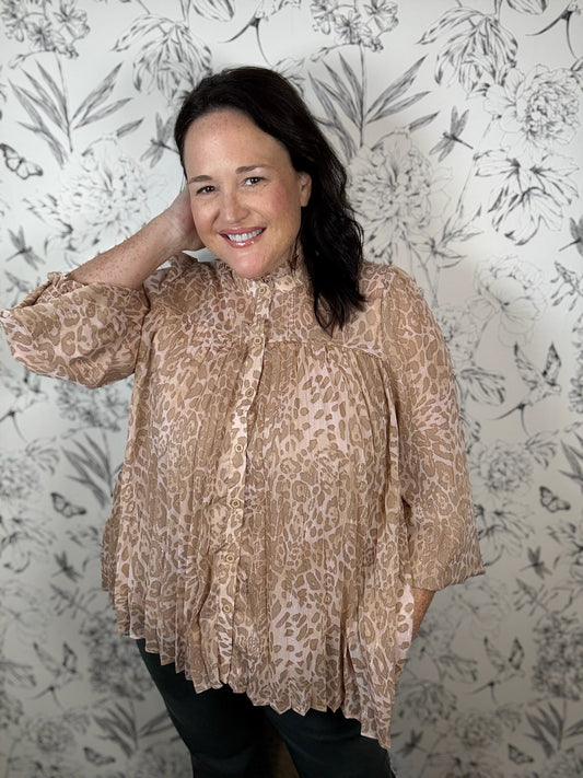 blush leopard print pleated blouse FATE