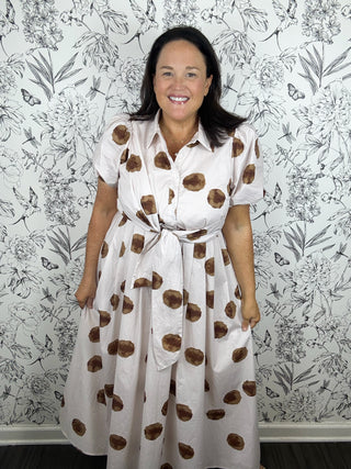 cream and brown polka dot faux wrap midi dress ENTRO