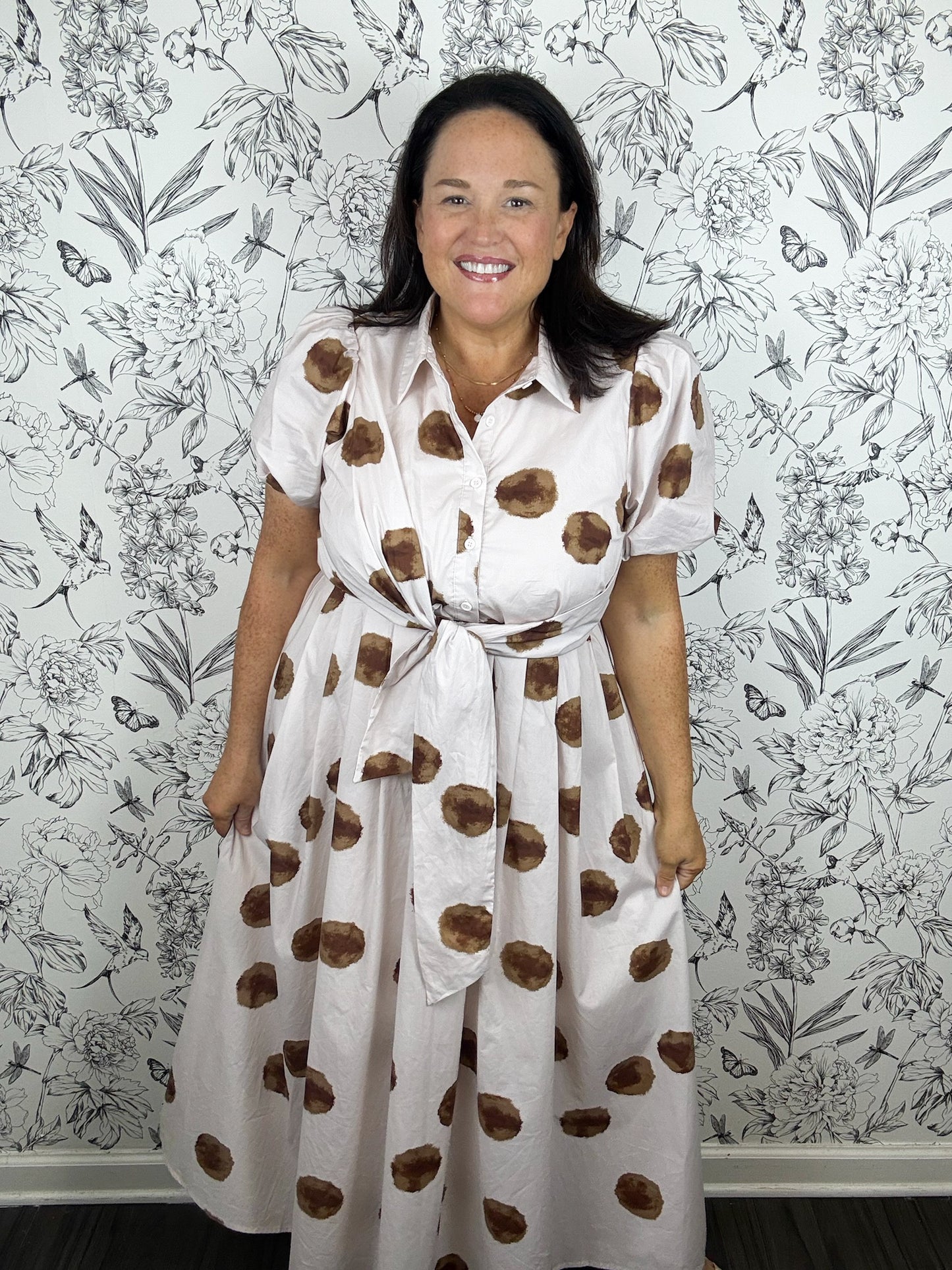 cream and brown polka dot faux wrap midi dress ENTRO