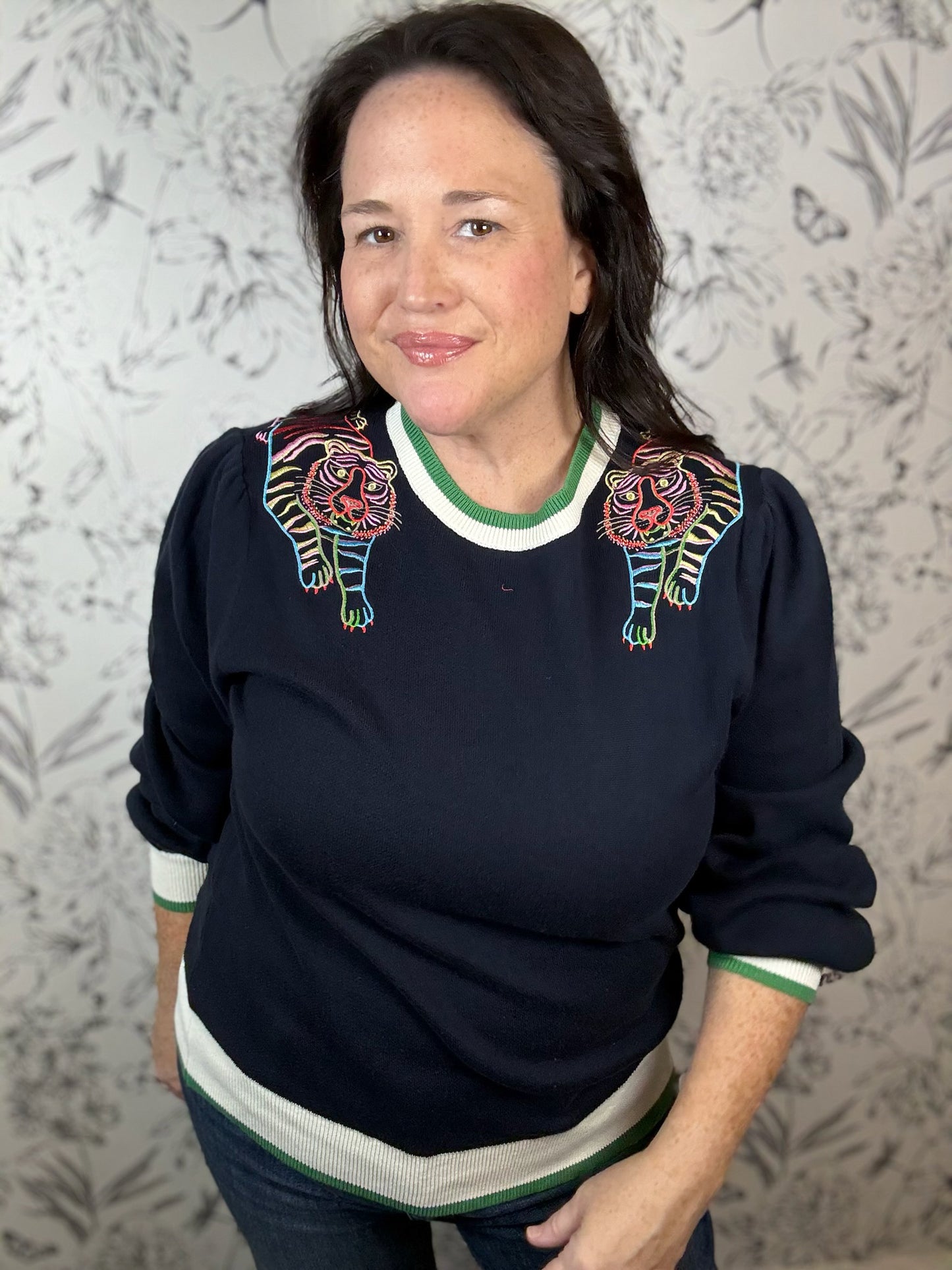 navy sweater with rainbow tigers VOY