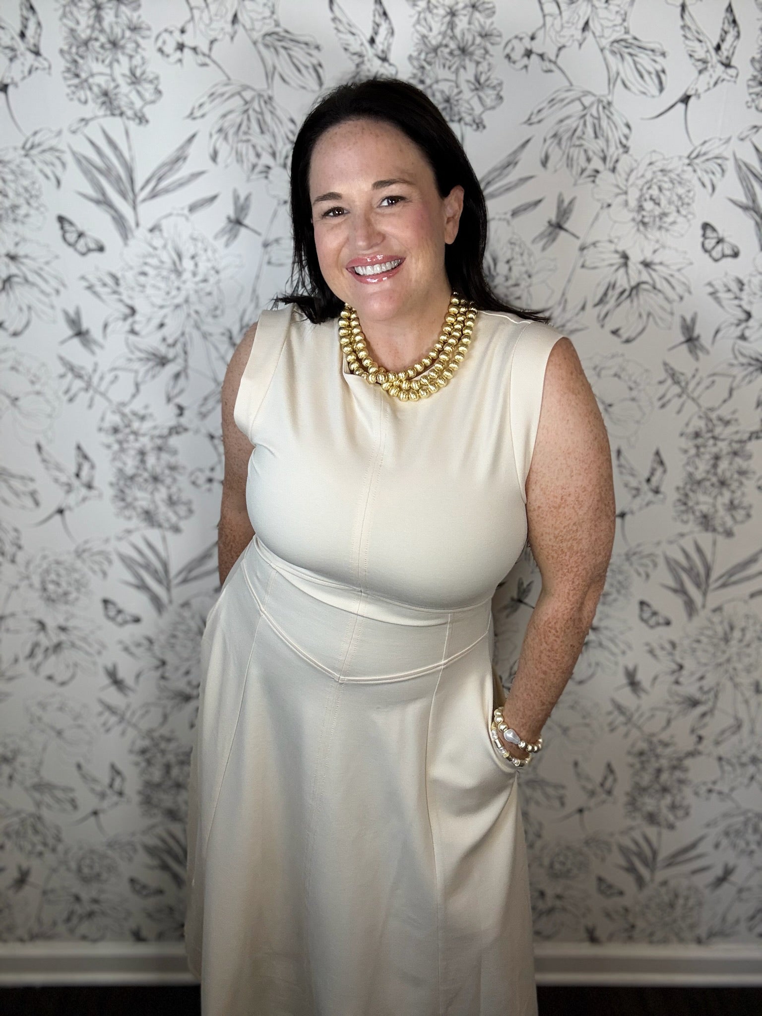 ivory cap sleeve paneled midi dress ELAN