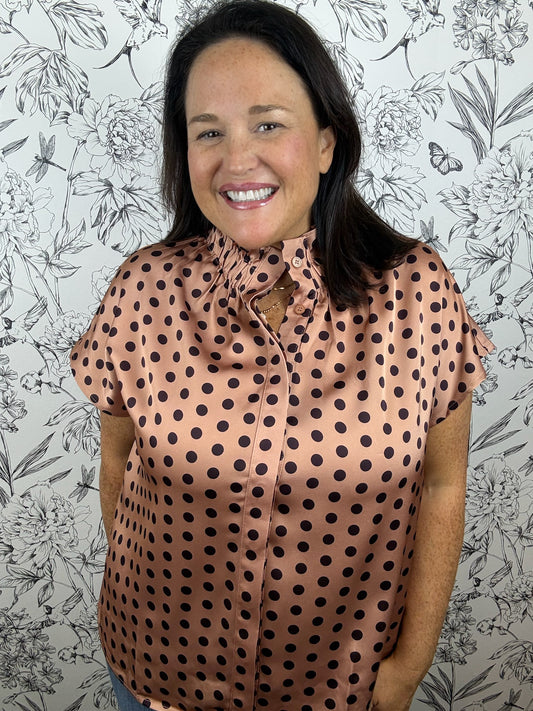 tan and chocolate polka dot blouse ENTRO