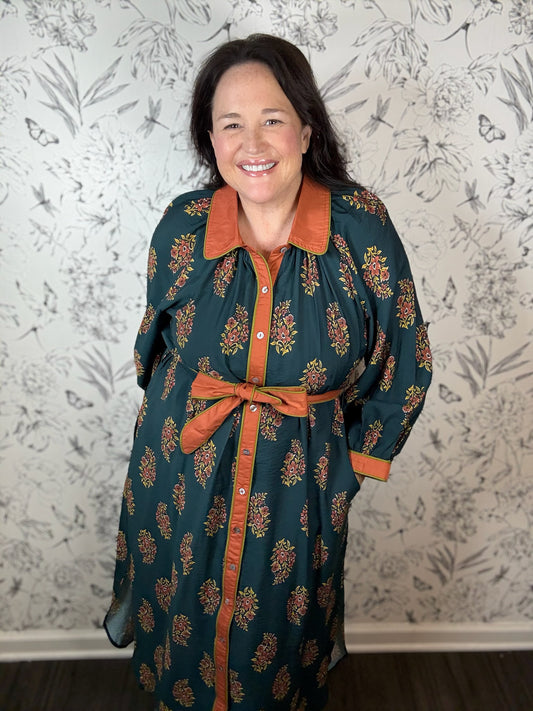 dark green/teal and orange block print midi ENTRO