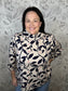 beige and navy floral mock neck FATE