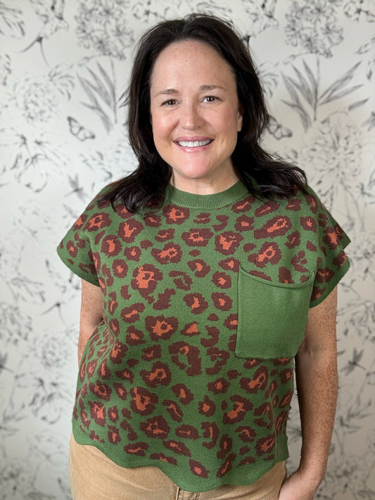 green and maroon leopard skimmer knit sweater ENTRO