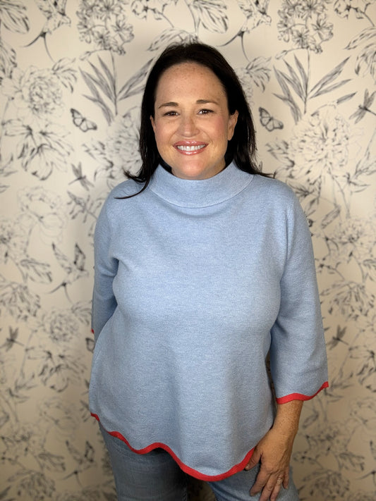blue and red scalloped mock neck sweater FATE