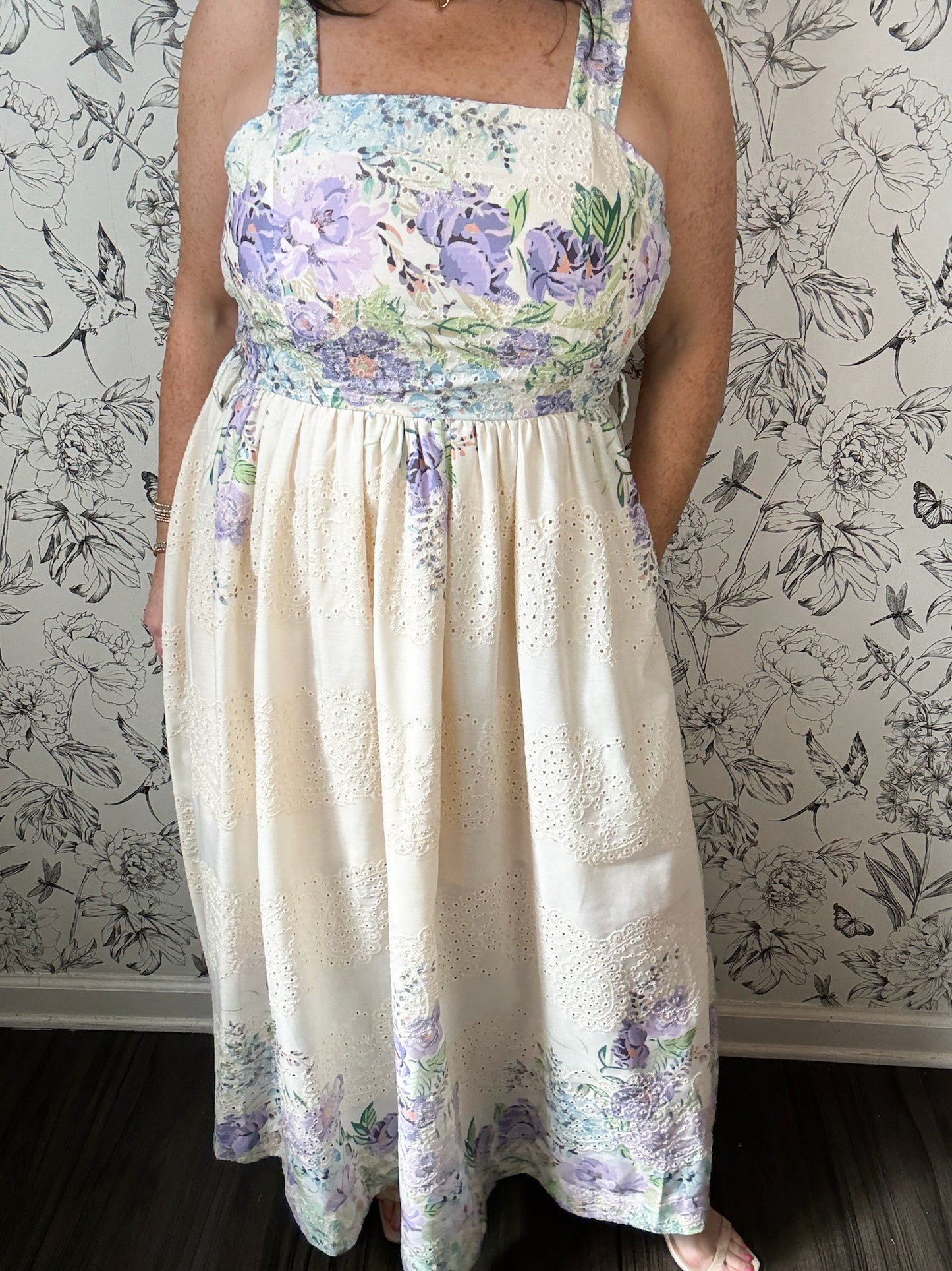 floral eyelet belted mid dress