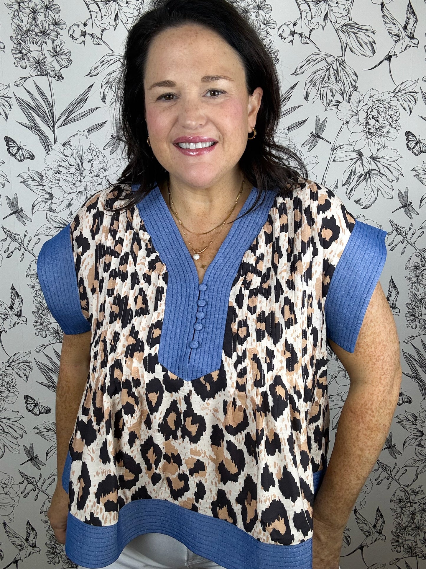 Slate Blue Leopard Pintuck Peplum Top