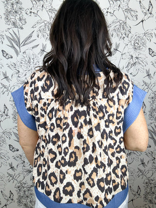 Slate Blue Leopard Pintuck Peplum Top