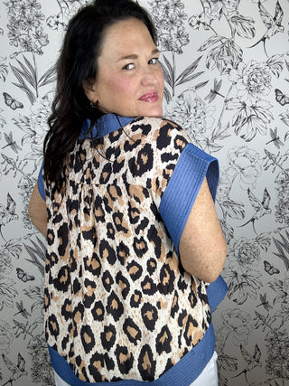 Slate Blue Leopard Pintuck Peplum Top