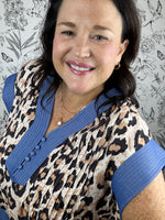 Slate Blue Leopard Pintuck Peplum Top