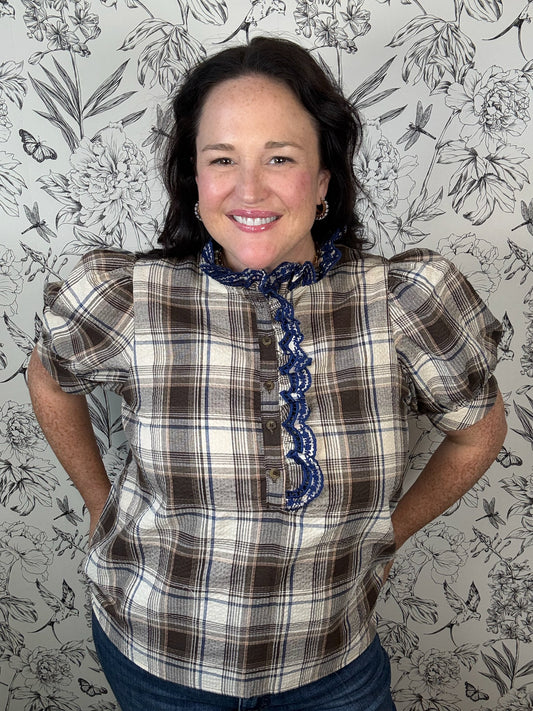 brown plaid blouse with navy lace ENTRO